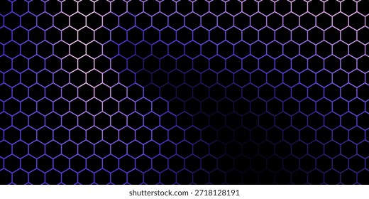 Fondo de tecnología abstracta de hexágono oscuro con destellos brillantes de color púrpura y rosa bajo el hexágono. Fondo de tecnología abstracto de Vector de juego hexagonal.