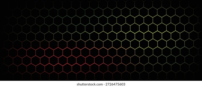 Dark hexagon abstract technology background with blue and green colored bright flashes under hexagon. Hexagonal gaming vector tech illustration black abstract background. vector eps 10