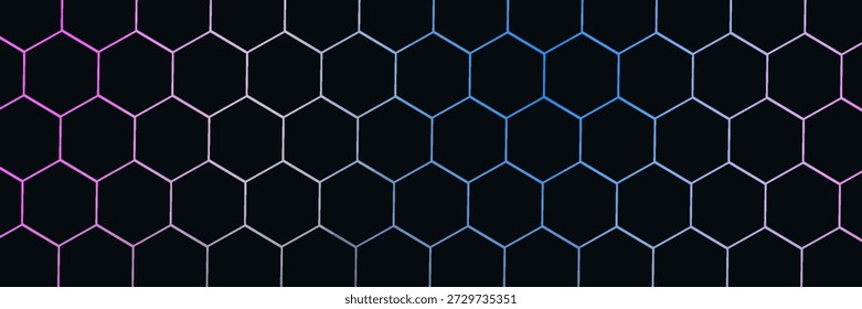 Dark hexagon abstract technology background with blue and pink colored bright flashes under hexagon. Hexagonal gaming modern abstac bacground illustration