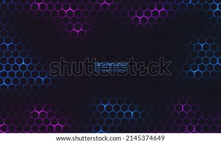 Dark hexagon abstract technology background with blue and purple colored bright flashes under hexagon. Hexagonal gaming vector abstract tech background.