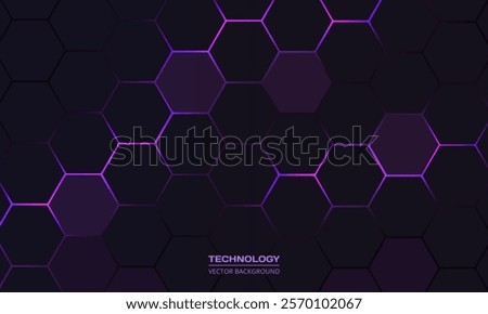 Dark hexagon abstract technology background with purple and pink colored bright flashes under hexagon. Hexagonal gaming vector abstract tech background.