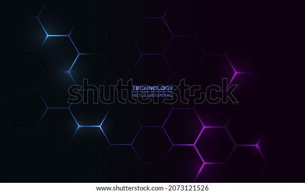 Dark hexagon abstract technology background\
with blue and pink colored bright flashes under hexagon. Hexagonal\
gaming vector abstract tech\
background.