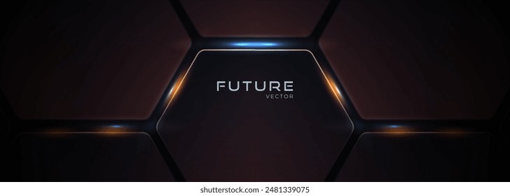 Dark hexagon futuristic abstract technology background with orange and blue colored bright flashes. Hexagonal gaming vector illustration abstract tech wide banner.