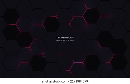 Dark hexagon gaming abstract technology vector background with pink colored bright flashes. Vector illustration