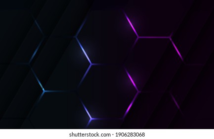 Dark hexagon gaming abstract vector background with blue and pink colored bright flashes.