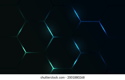 Dark hexagon gaming abstract vector background with blue and green colored bright flashes. Vector illustration.
