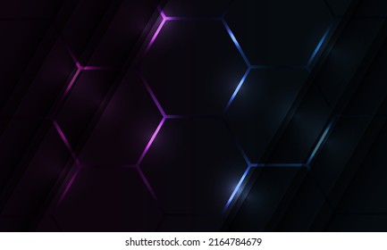 Dark hexagon gaming abstract vector background with pink and blue colored bright flashes. Vector illustration