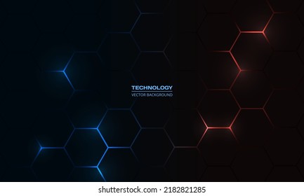 Dark hexagon gaming abstract vector background with blue and red colored bright flashes. Vector illustration