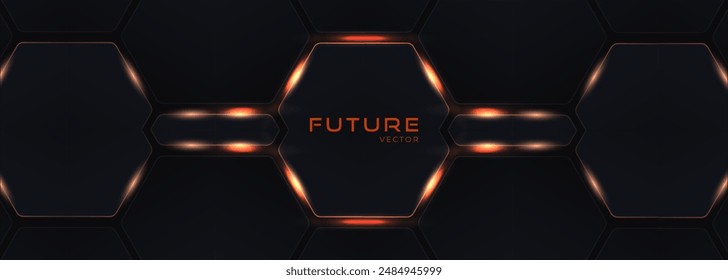 Dark hexagon gaming abstract vector background with orange colored bright flashes. Hexagonal gaming vector illustration wide banner.