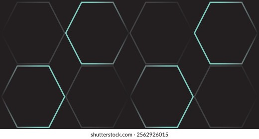 Dark hexagon gaming abstract vector background with blue and green colored bright flashes. Vector illustration.