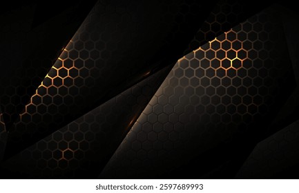 Dark hexagon gaming abstract vector background with yellow and orange colored bright flashes. Vector illustration with honeycomb texture grid