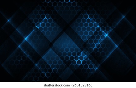 Dark hexagon gaming abstract vector background with blue colored bright flashes. Vector illustration with honeycomb texture grid