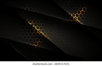 Dark hexagon gaming abstract vector background with yellow and orange colored bright flashes. Vector illustration with honeycomb texture grid