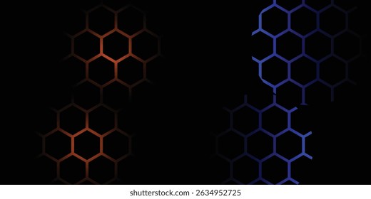 Fondo de Vector abstracto de juego de hexágono oscuro con destellos brillantes de color azul y rojo. Ilustración vectorial