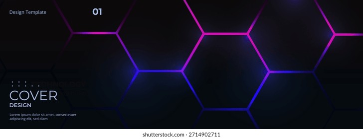 Dark hexagon gaming abstract vector banner with blue and pink colored bright flashes. Futuristic technology wide hexagon background.