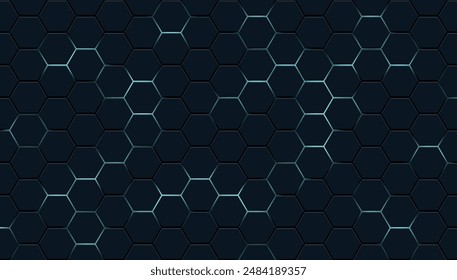 Dark hexagon pattern on blue neon background. Hexagonal geometric pattern.