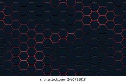 Dark hexagon pattern on red neon background. Modern geometric shapes technology style.
