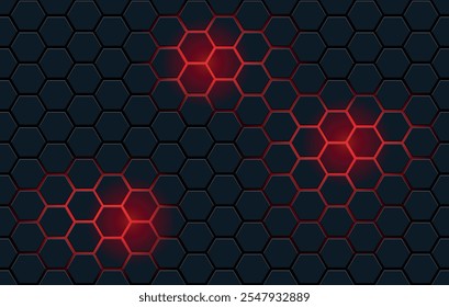 Dark hexagon pattern on red neon background. Modern geometric shapes technology style.