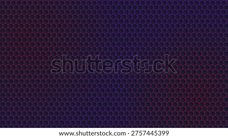Dark hexagon pattern with purple and red neon glow. Vibrant geometric mesh background for music cover and gaming design. Vector illustration.