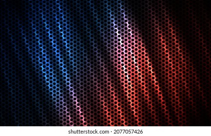 Dark hexagon tech colorful sport background with carbon fiber. Technology honeycomb abstract vector background with red and blue colored bright flashes. Hexagonal gaming background.