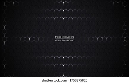 Dark hexagonal abstract technology background. White bright flashes under hexagon in modern technology futuristic dark vector illustration. Black honeycomb texture grid.