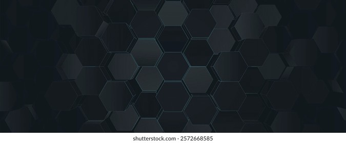 Dark hexagonal background with a 3D effect. The background is black with a subtle texture, creating a modern, black geometric pattern. 3D hexagon pattern background. Black background vector.