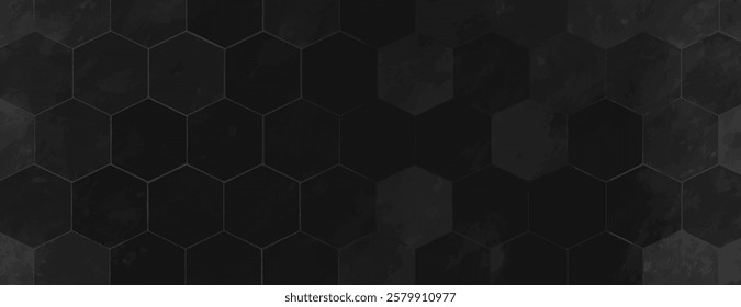 Dark hexagonal background, black background with a matte texture. The background features a black, geometric pattern for a sleek look. Minimal marble texture with hexagon pattern background vector