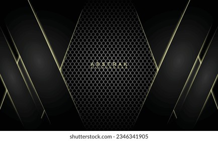 Dark hexagonal carbon fiber background with glowing yellow glowing lines. luxury abstract background