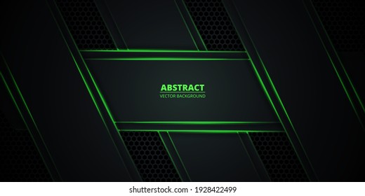 Dark hexagonal carbon fiber vector background with neon green luminous lines and highlights. Futuristic, modern, tech, sport, luxury abstract background. Dark green honeycomb texture grid.