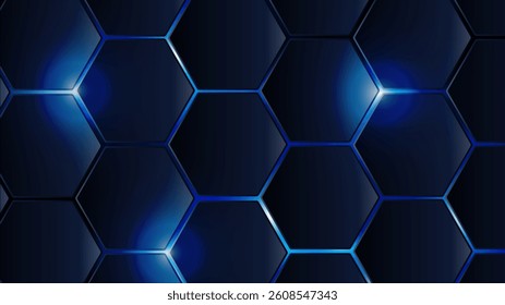 Dark hexagonal pattern with glowing blue highlights, futuristic and modern design, representing technology, innovation, and digital connectivity in a high-tech abstract background.