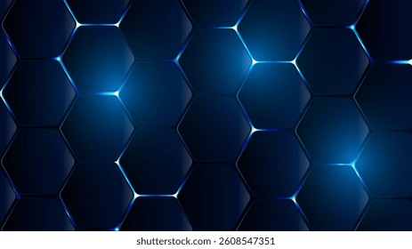 Dark hexagonal pattern with glowing blue highlights, futuristic and modern design, representing technology, innovation, and digital connectivity in a high-tech abstract background.