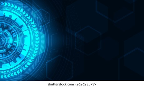 Donker zeshoekig patroon met gloeiende blauwe hoogtepunten, futuristisch en modern design, dat technologie, innovatie en digitale connectiviteit vertegenwoordigt in een hightech abstracte achtergrond.