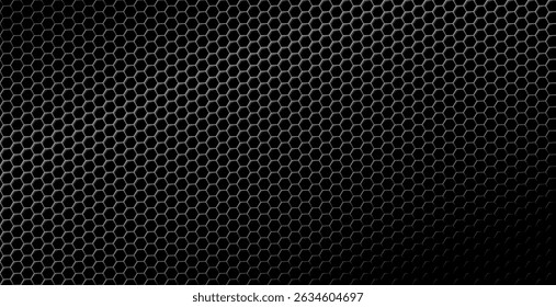 Dark hexagonal perforated wire fence seamless pattern on a black background, modern and futuristic texture. Abstract grid design offers a sleek and industrial aesthetic.