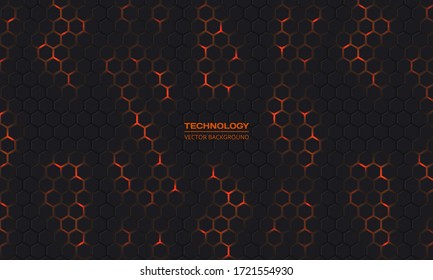 Dark hexagonal technology abstract vector background. Orange bright energy glares under hexagon in modern dark technology futuristic background vector illustration. Dark yellow honeycomb texture grid.