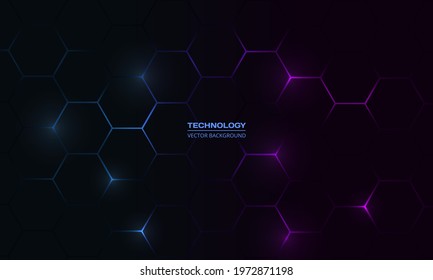 Dark hexagonal technology abstract vector background with blue and pink colored bright flashes under hexagon. Hexagonal gaming vector abstract background.