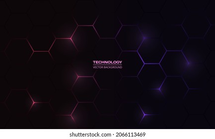 Technologie hexagonale foncée, arrière-plan vectoriel abstrait avec des flashs roses et violet sous hexagone. Icône de miel, jeu d'arrière-plan abstrait vectoriel.