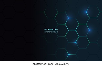 Dark hexagonal technology abstract vector background with blue and green colored bright flashes under hexagon. Hexagonal gaming vector abstract honeycomb background.