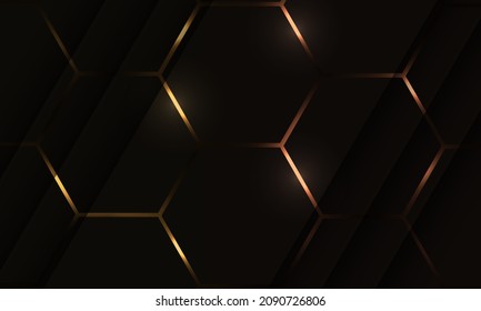 Dark hexagonal technology abstract vector background with gold colored bright flashes between hexagons. Yellow honeycomb gaming hexagonal vector abstract background.