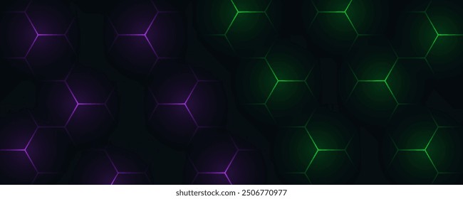 Dark hexagonal technology abstract vector background with purple and green colored bright flashes under hexagon. Hexagonal gaming vector.