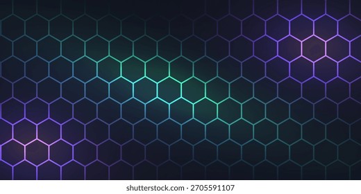 Fondo de Vector abstracto de tecnología hexagonal oscura con destellos brillantes de color púrpura y verde bajo el hexágono. Vector de juego hexagonal.