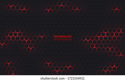 Dark hexagonal technology vector abstract background. Red bright energy flashes under hexagon in modern dark technology futuristic background vector illustration. Dark honeycomb texture grid.