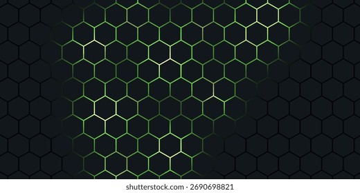 Dark hexagonal technology vector abstract background. Green bright energy flashes under hexagon in futuristic illustration modern technology background. Dark honeycomb texture grid.