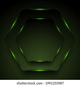 Dark hexagons with green neon light abstract background. Vector tech glowing corporate design