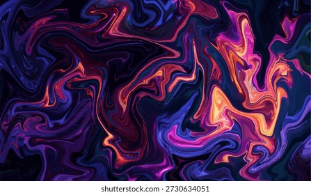 Um abstrato fluido escuro e de alto contraste com redemoinhos energéticos de azul elétrico, magenta e laranja ardente.