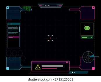 Ein dunkles High-Tech Heads-Up Display (HUD) mit leuchtenden Neonelementen, mit Radar, Warnmeldungen und Datenauslesung. Diese futuristische Schnittstelle schlägt Technologie, Science-Fiction und erweiterte Überwachung vor.