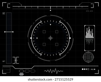 Una pantalla frontal oscura y de alta tecnología (HUD) con una retícula de orientación central, radar, análisis del espectro de audio y gráficos de navegación. Esta interfaz digital evoca una sensación de tecnología avanzada y visualización de datos.