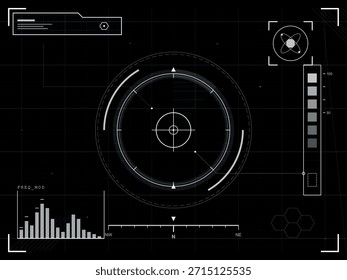 Una pantalla frontal oscura y de alta tecnología (HUD) con una pantalla de radar central, gráficos de datos y varios Elementos de ciencia ficción, lo que sugiere tecnología avanzada y análisis de información.