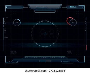Una interfaz oscura y de alta tecnología de pantalla frontal (HUD) con Elementos azules y rojos brillantes, lecturas de datos, círculos de progreso y retículas de orientación, que transmite una sensación de tecnología avanzada y monitoreo del sistema.
