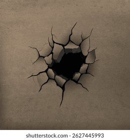 Dark hole and diverging cracks on brown concrete wall. Effect of destruction and aging of material. Damaged surface with a break. Earthquake, erosion or drought. Top view. Vector illustration.