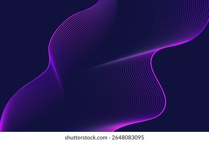 Fundo abstrato holográfico escuro com linhas de onda neon e profundidade futurista. Modelo vetorial Y2K moderno para cartazes, interface de usuário tecnológica, visuais de música e design digital moderno.
